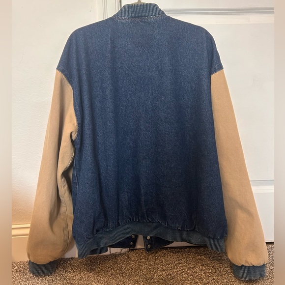 RARE Vintage Three Rivers Authentic Blue and Tan Jean Bomber Jacket Made in USA - Picture 3 of 8